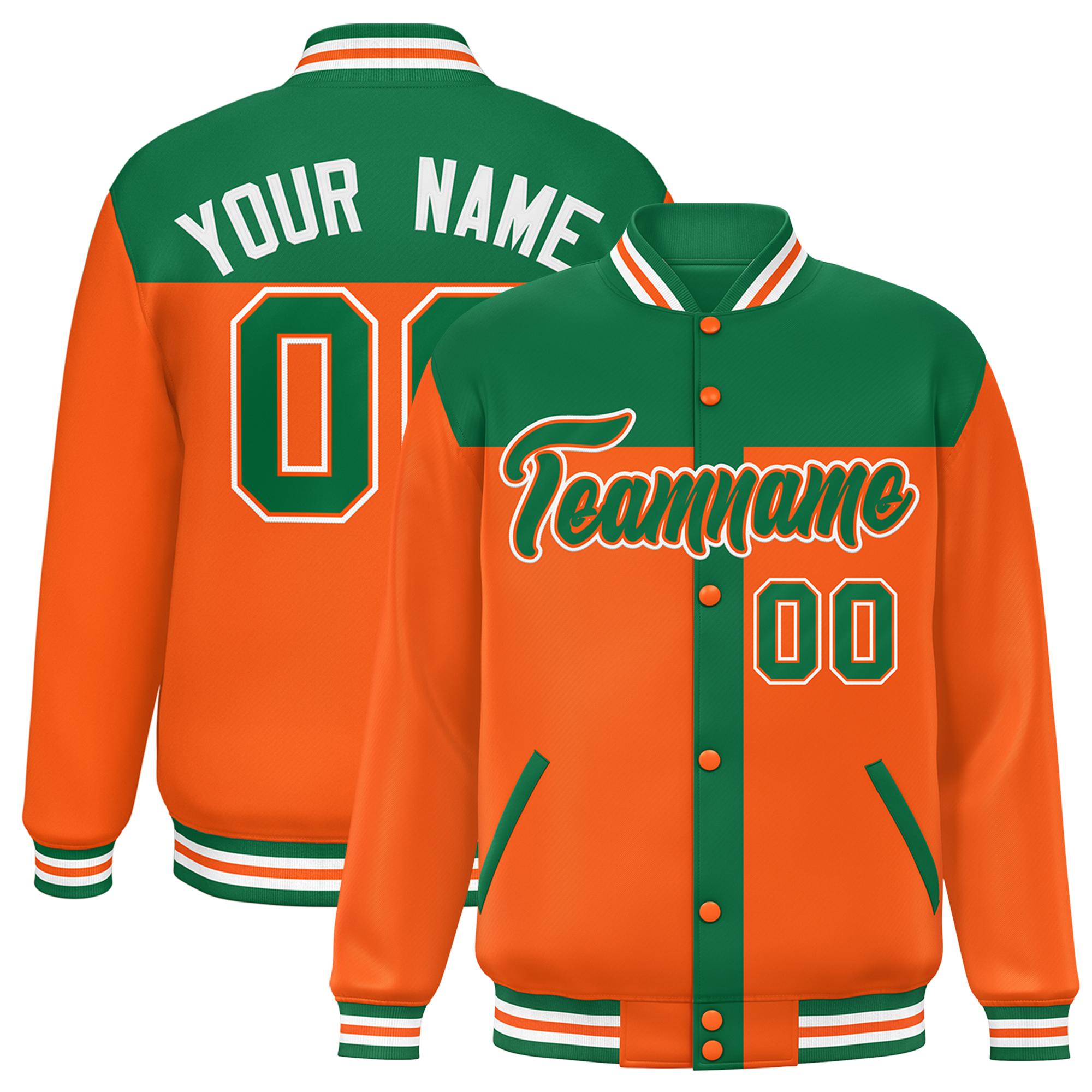 Custom Kelly Green Orange Color Block Bomber Varsity Baseball Jacket