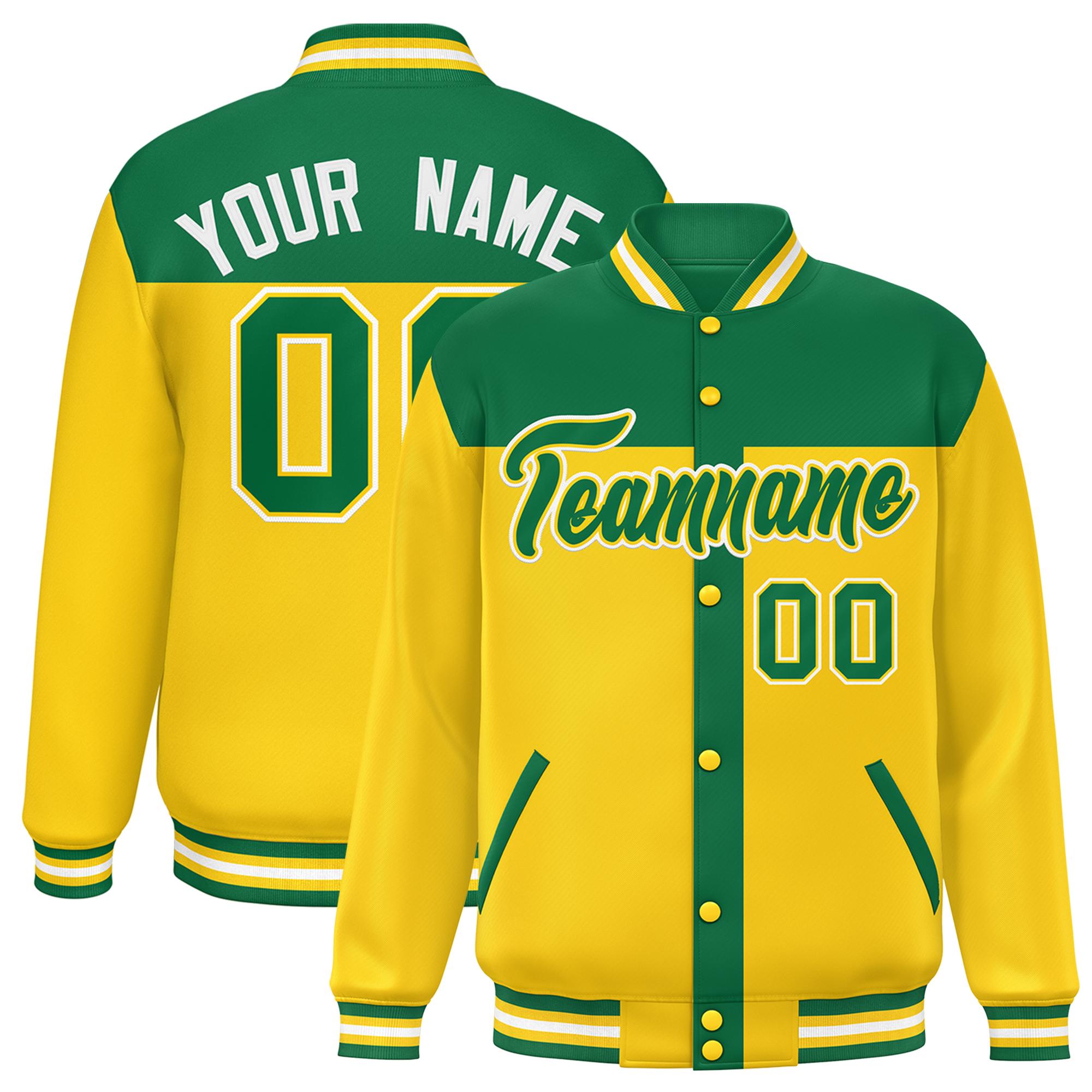 Custom Kelly Green Gold Color Block Bomber Varsity Baseball Jacket