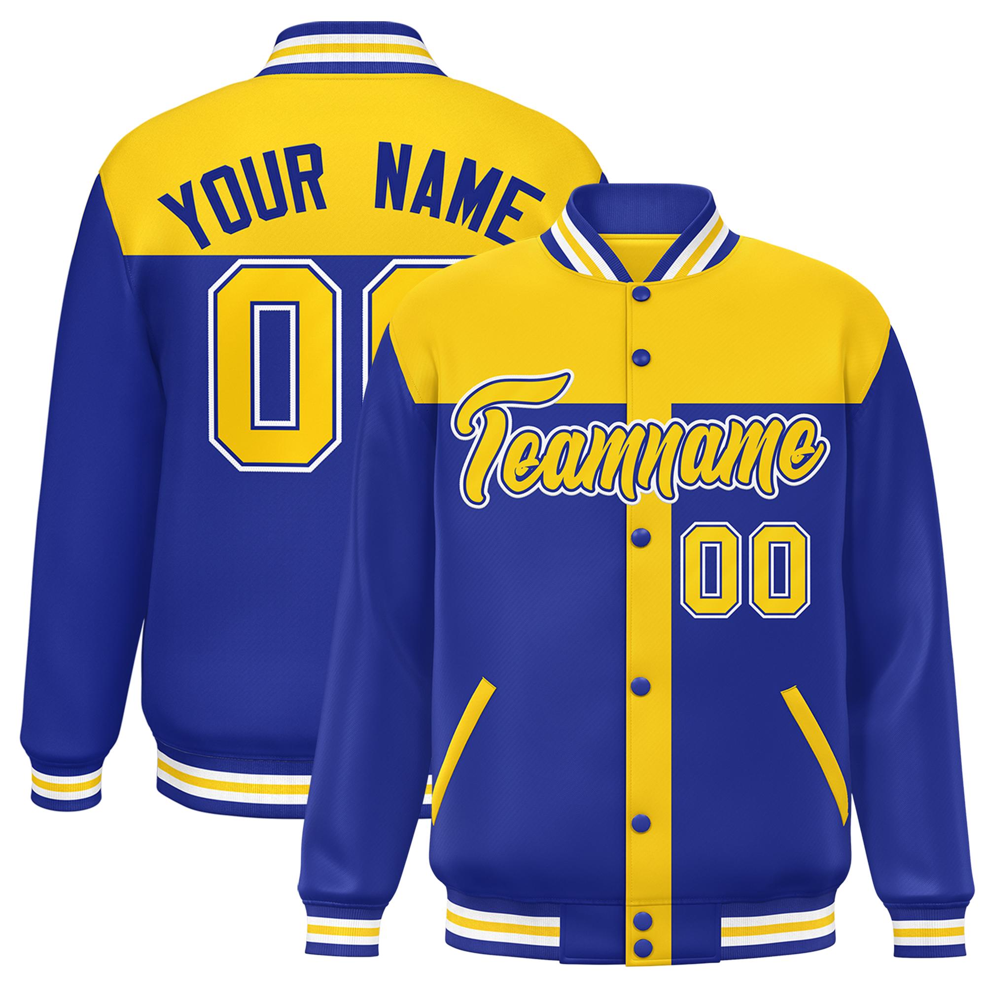 Custom Gold Royal Color Block Bomber Varsity Baseball Jacket