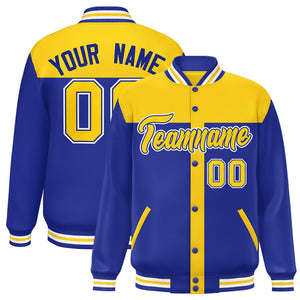 Custom Gold Royal Color Block Bomber Varsity Baseball Jacket