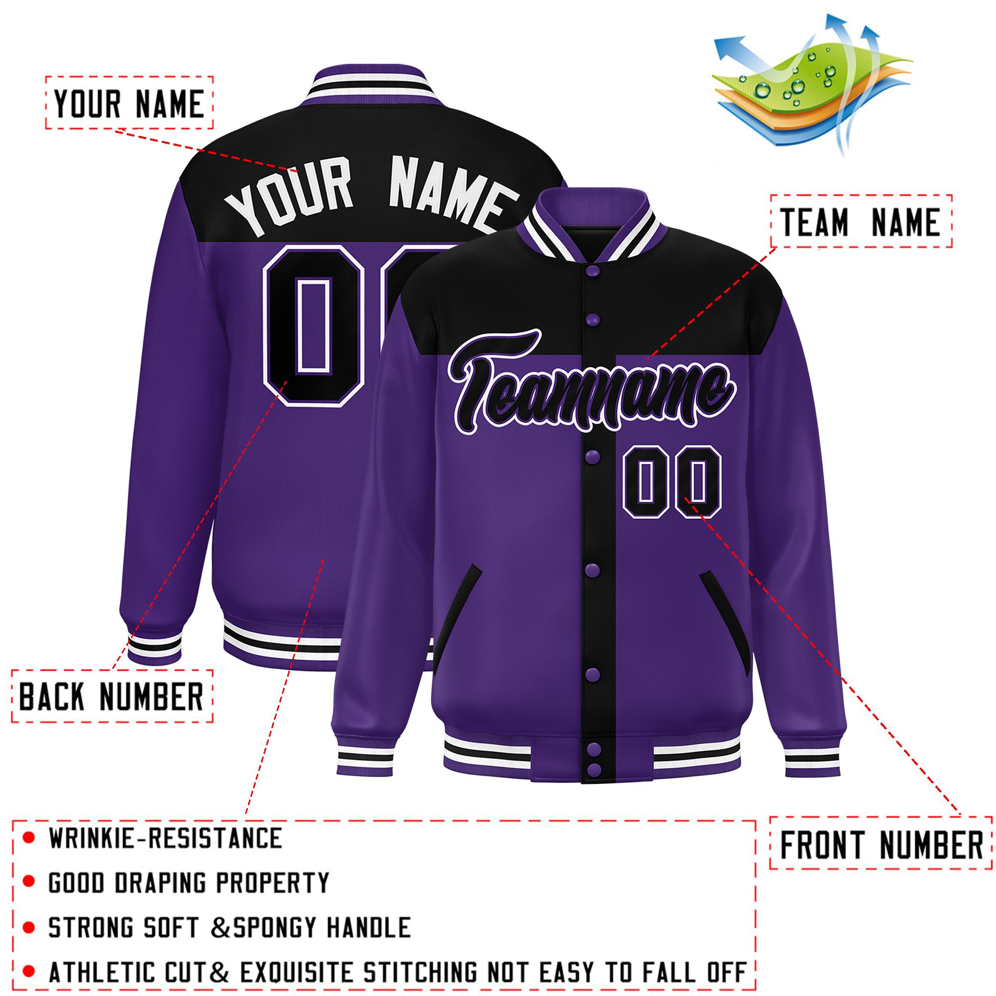 Custom Black Purple Color Block Bomber Varsity Baseball Jacket