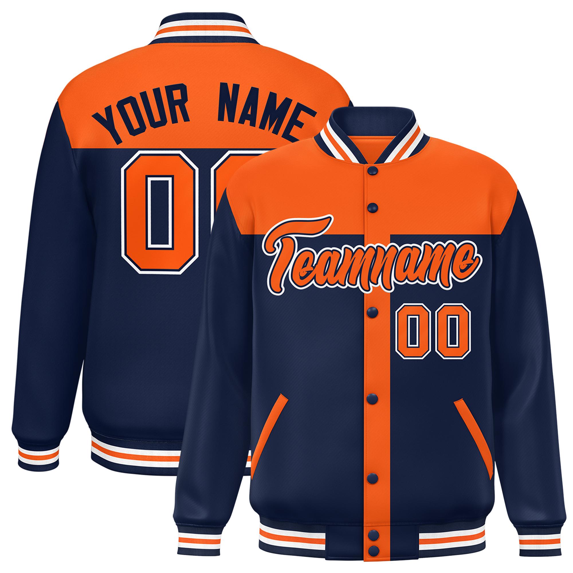 Custom Orange Navy Color Block Bomber Varsity Baseball Jacket