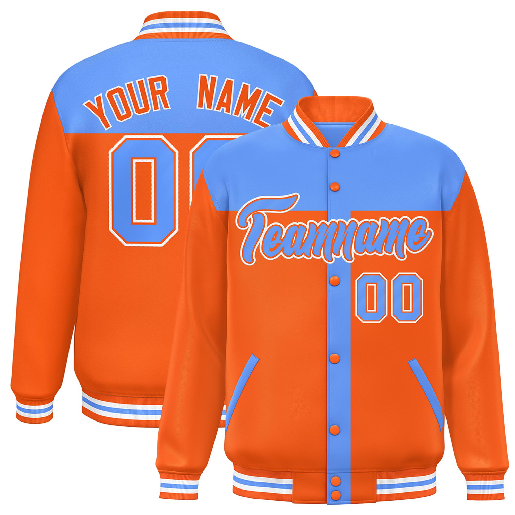 Custom Powder Blue Orange Color Block Bomber Varsity Baseball Jacket