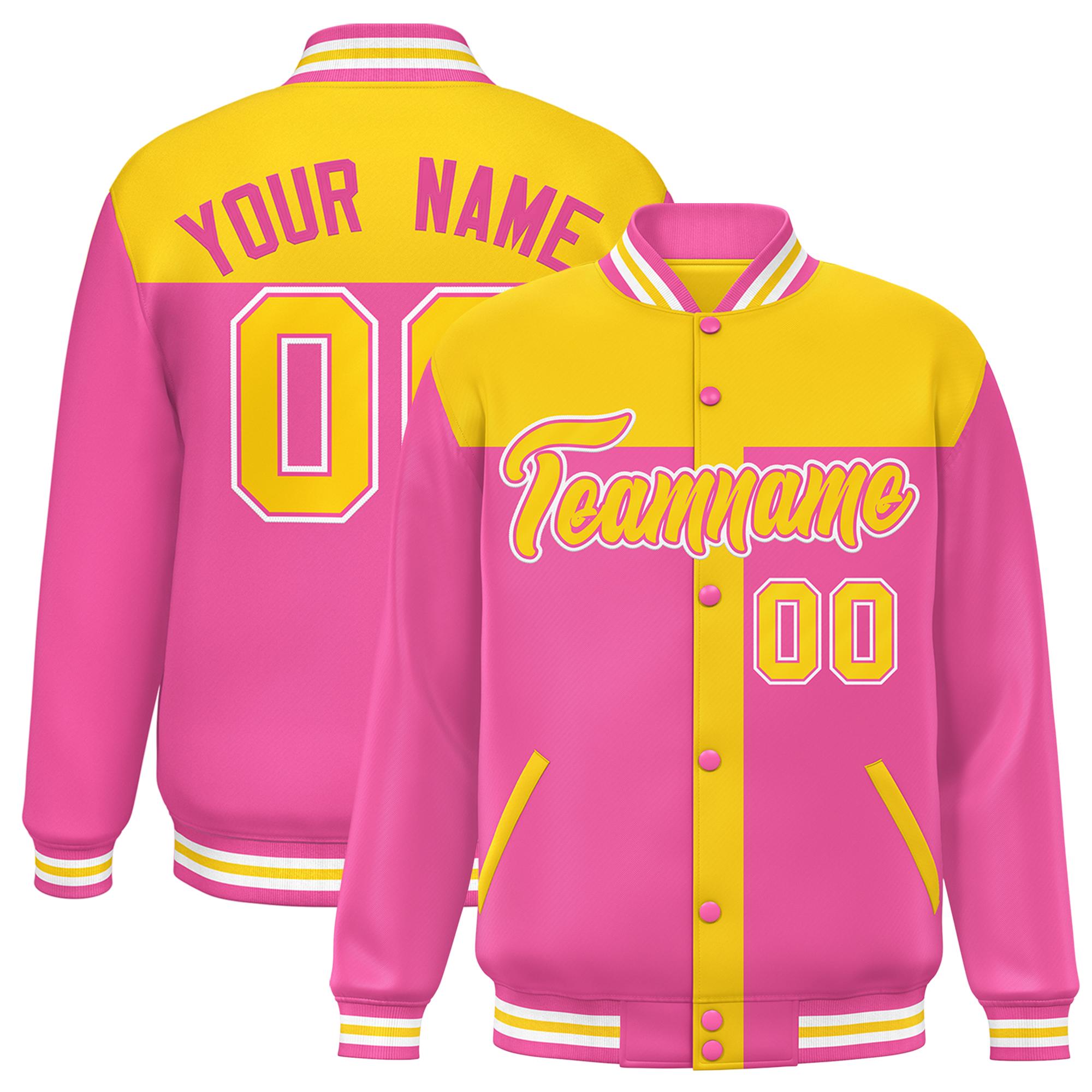 Custom Gold Pink Color Block Bomber Varsity Baseball Jacket