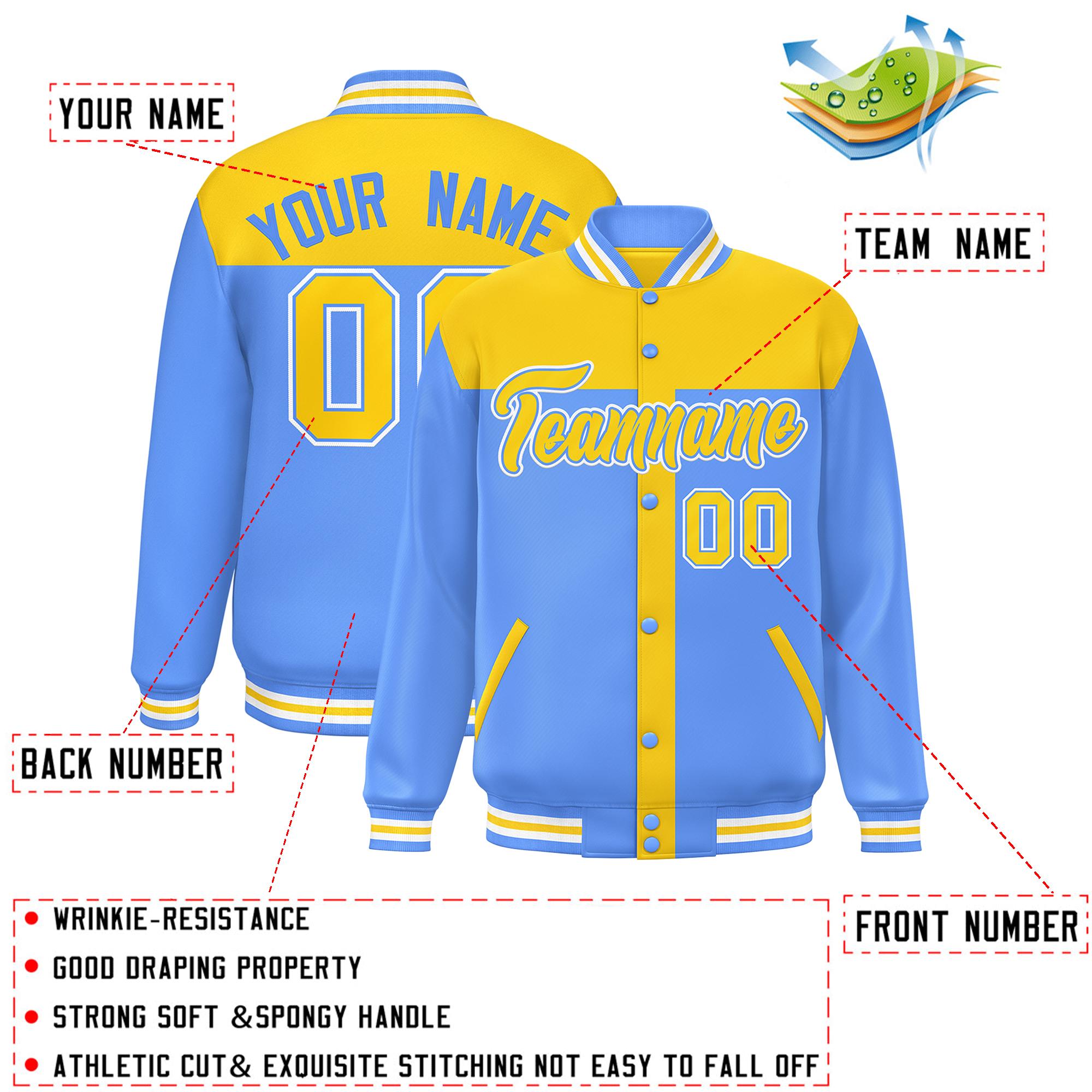 Custom Gold Powder Blue Color Block Bomber Varsity Baseball Jacket