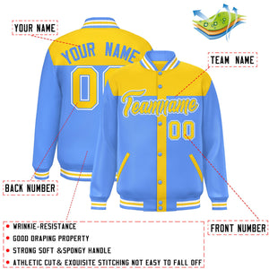 Custom Gold Powder Blue Color Block Bomber Varsity Baseball Jacket