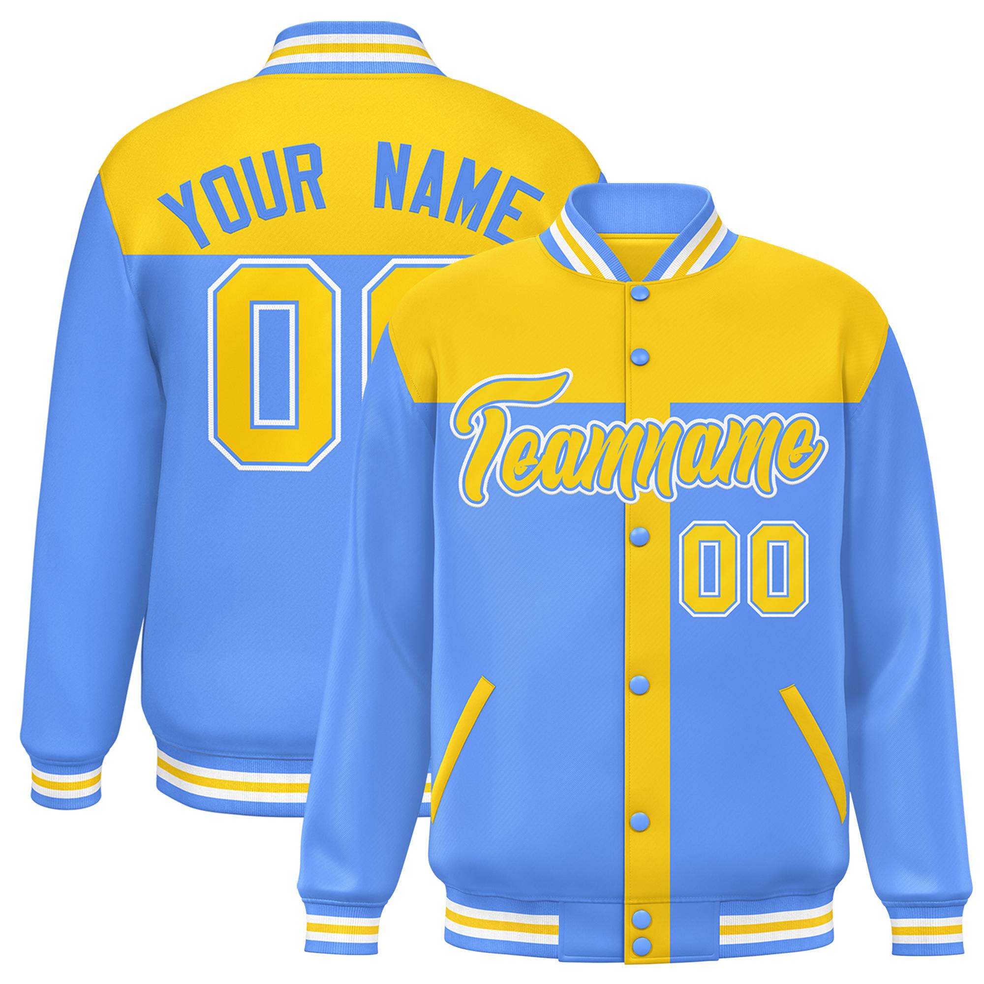 Custom Gold Powder Blue Color Block Bomber Varsity Baseball Jacket