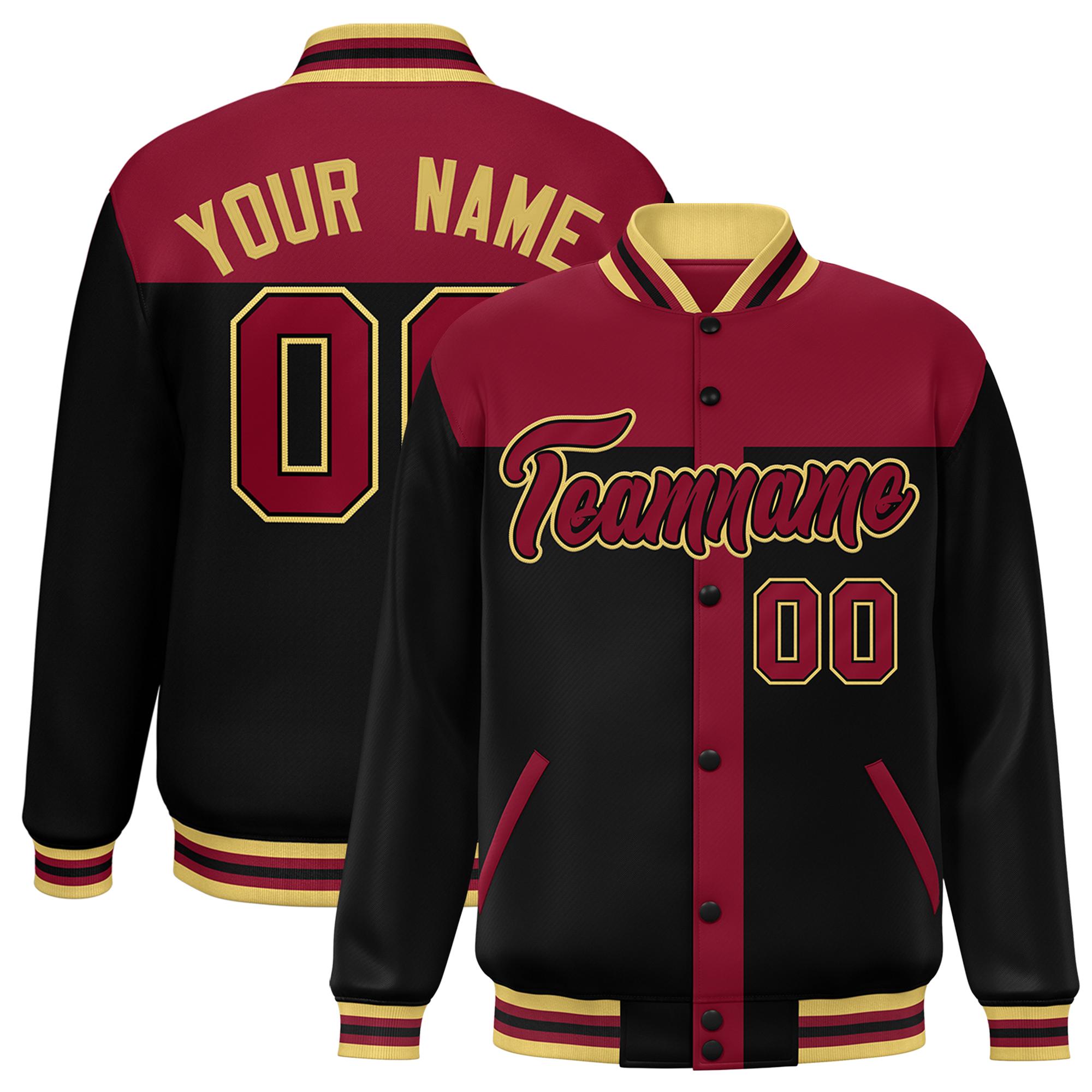 Custom Crimson Black Color Block Bomber Varsity Baseball Jacket