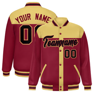 Custom Khaki Crimson Color Block Bomber Varsity Baseball Jacket