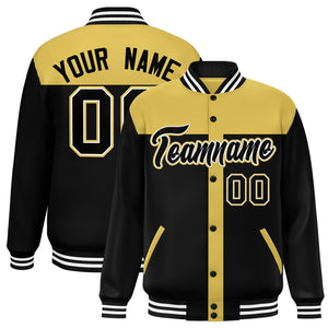 Custom Old Gold Black Color Block Bomber Varsity Baseball Jacket