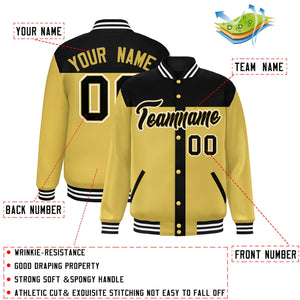 Custom Black Old Gold Color Block Bomber Varsity Baseball Jacket