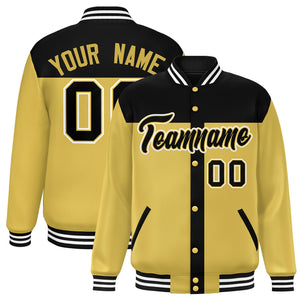 Custom Black Old Gold Color Block Bomber Varsity Baseball Jacket