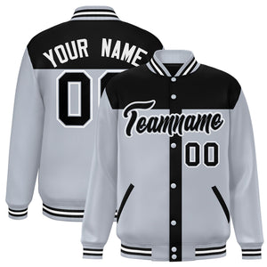 Custom Black Silver Color Block Bomber Varsity Baseball Jacket