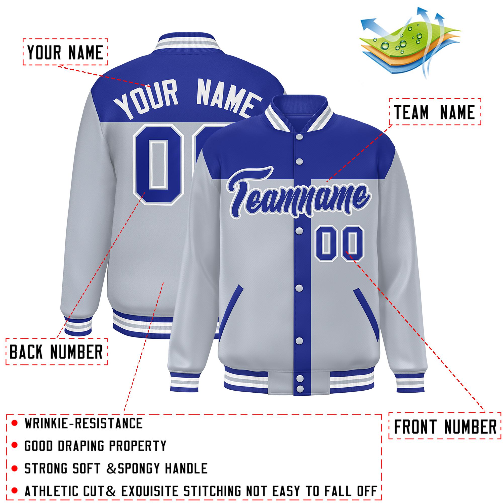 Custom Royal Silver Color Block Bomber Varsity Baseball Jacket