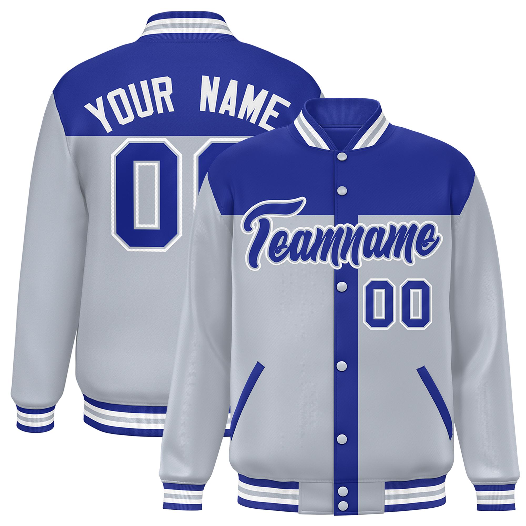 Custom Royal Silver Color Block Bomber Varsity Baseball Jacket