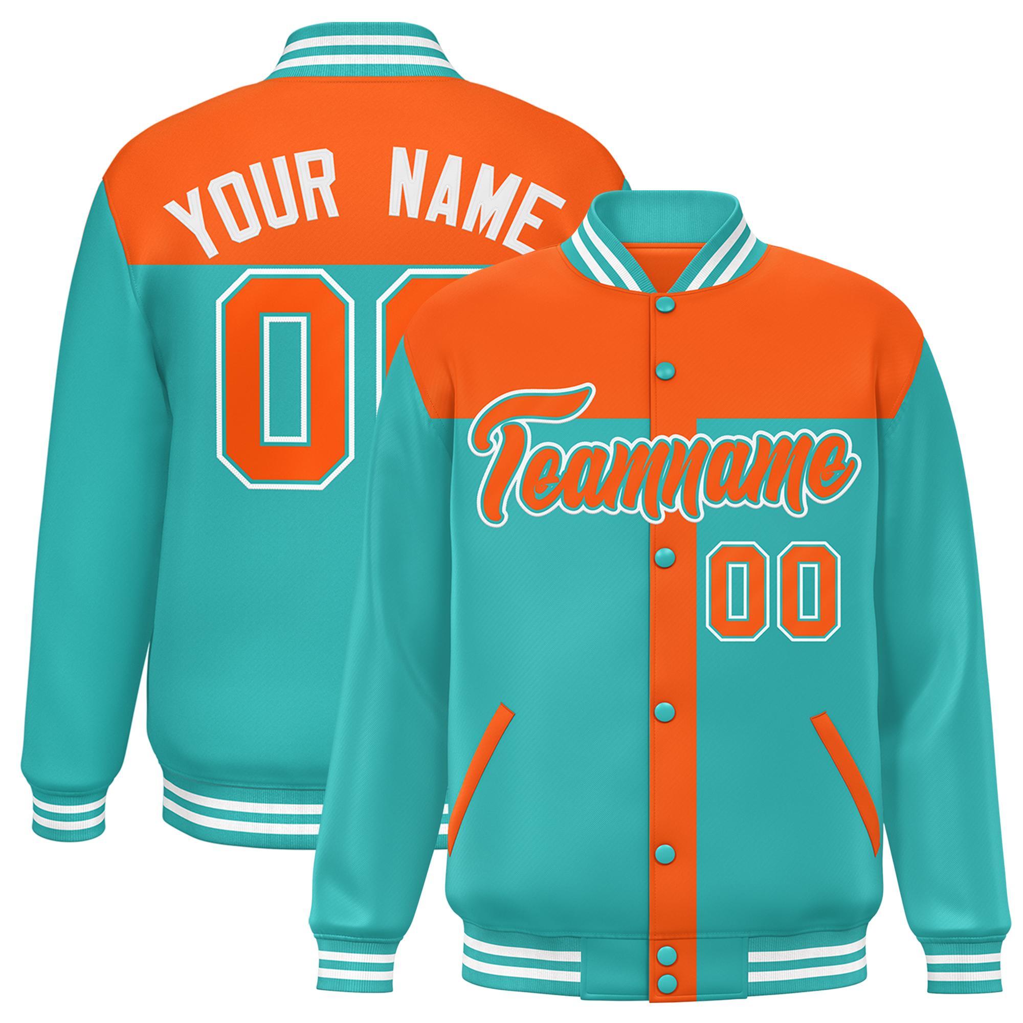 Custom Orange Aqua Color Block Bomber Varsity Baseball Jacket