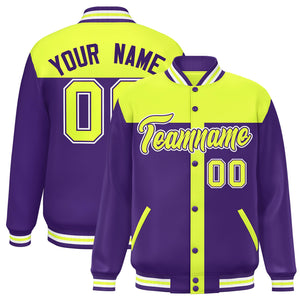 Custom Green Purple Color Block Bomber Varsity Baseball Jacket