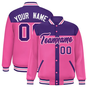 Custom Purple Pink Color Block Bomber Varsity Baseball Jacket