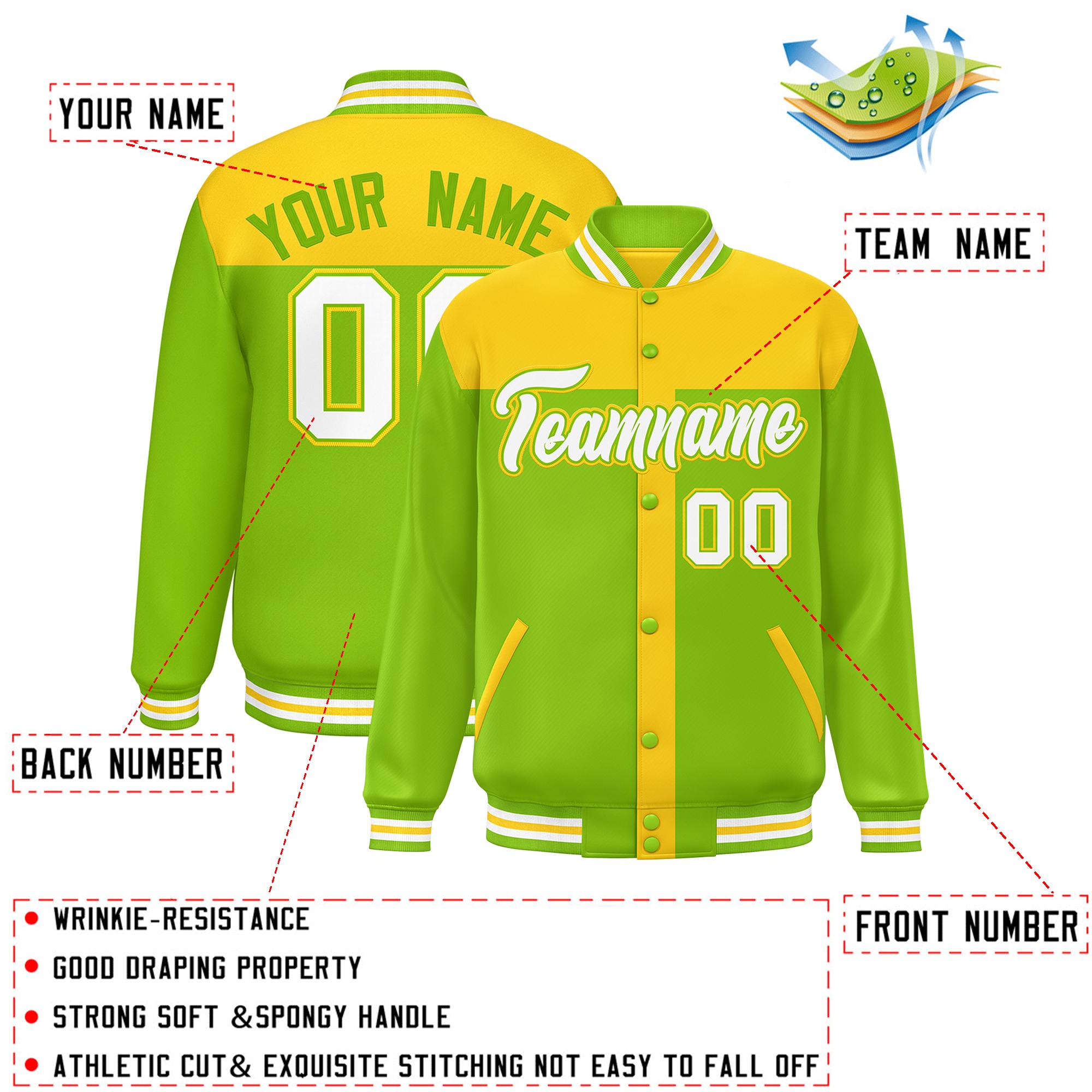 Custom Gold Neon Green Color Block Bomber Varsity Baseball Jacket