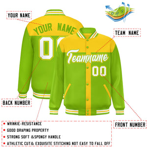 Custom Gold Neon Green Color Block Bomber Varsity Baseball Jacket