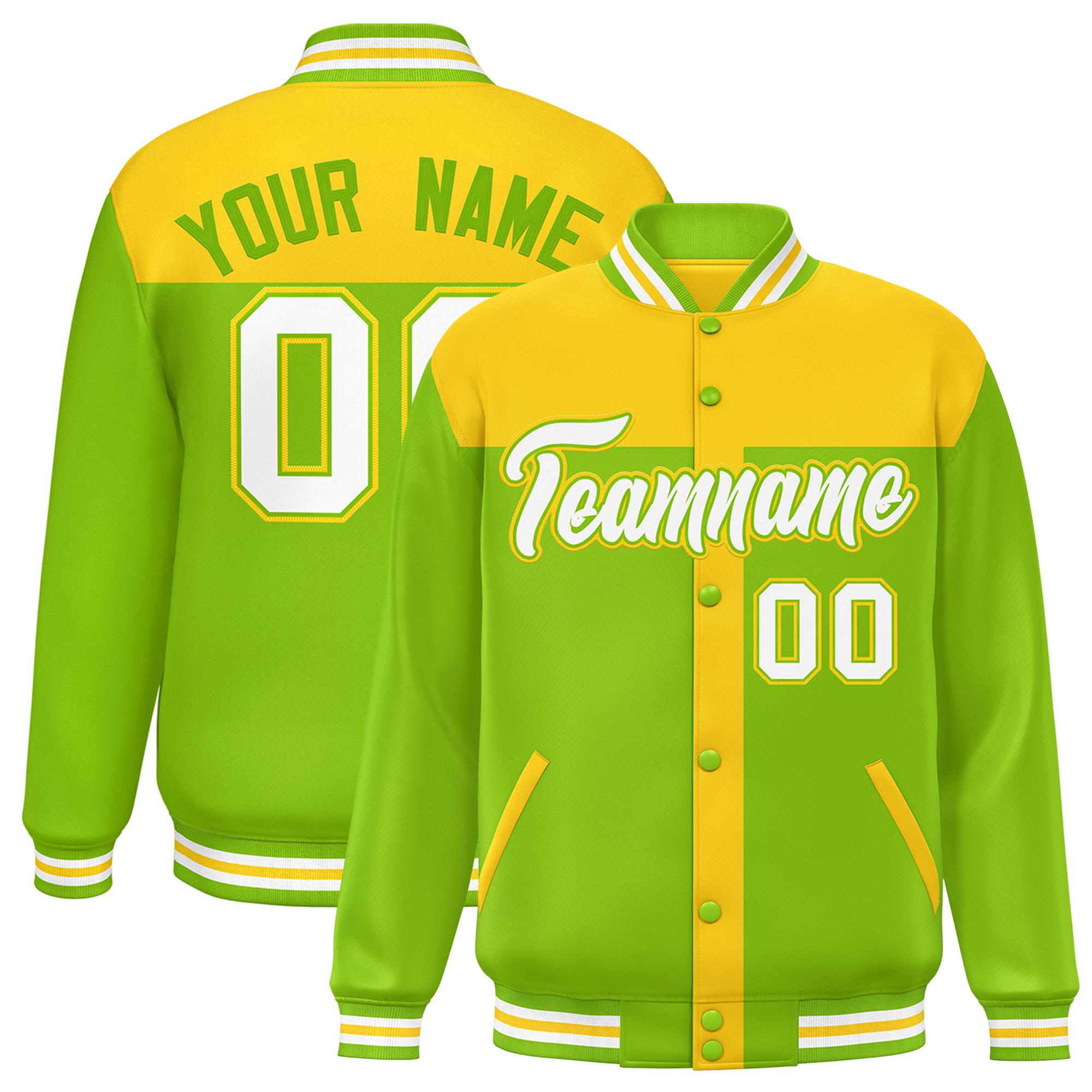 Custom Gold Neon Green Color Block Bomber Varsity Baseball Jacket