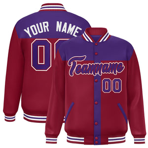 Custom Purple Crimson Color Block Bomber Varsity Baseball Jacket