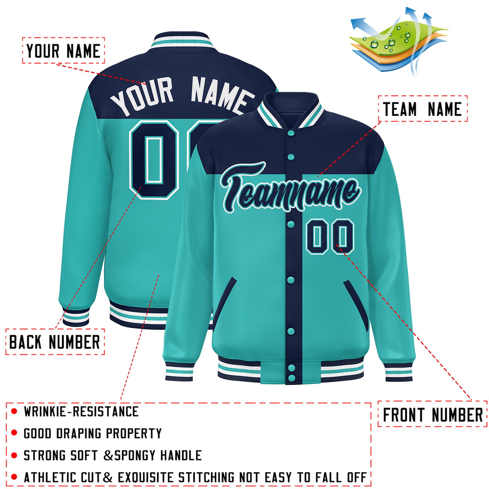 Custom Navy Aqua Color Block Bomber Varsity Baseball Jacket