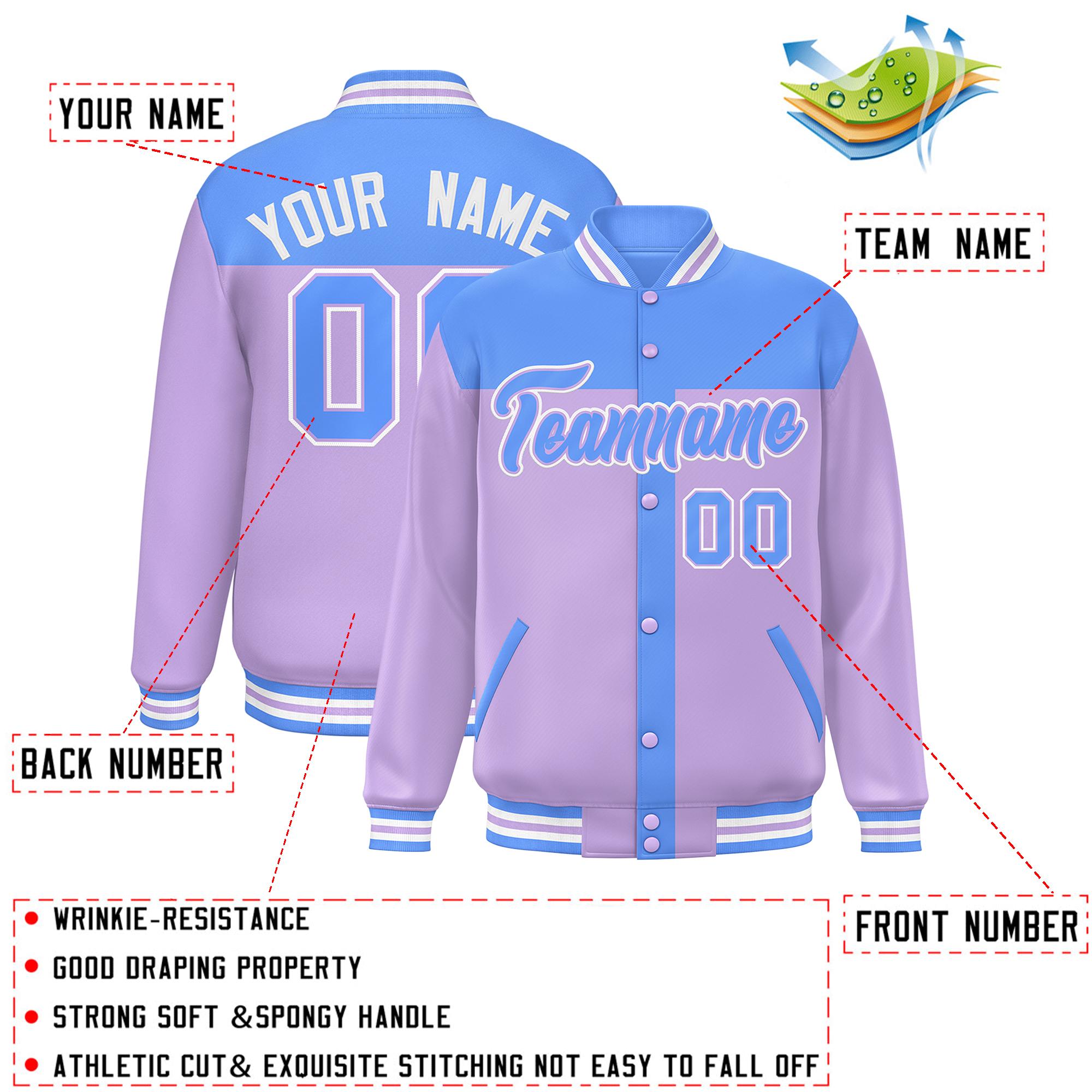 Custom Powder Blue Light Purple Color Block Bomber Varsity Baseball Jacket