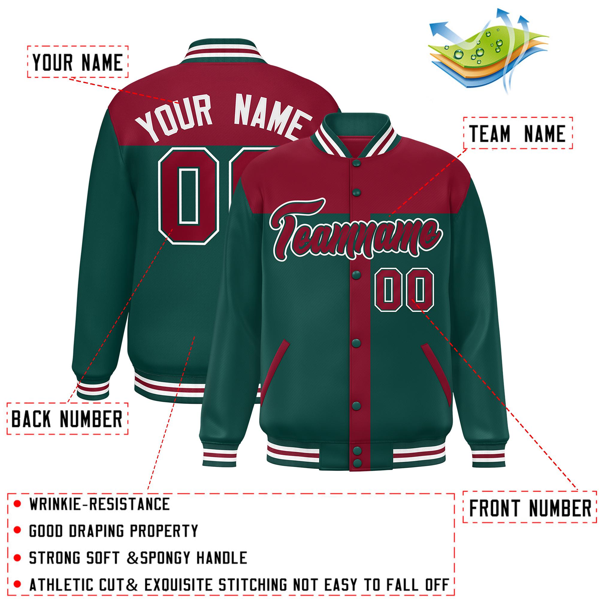 Custom Crimson Midnight Green Color Block Bomber Varsity Baseball Jacket