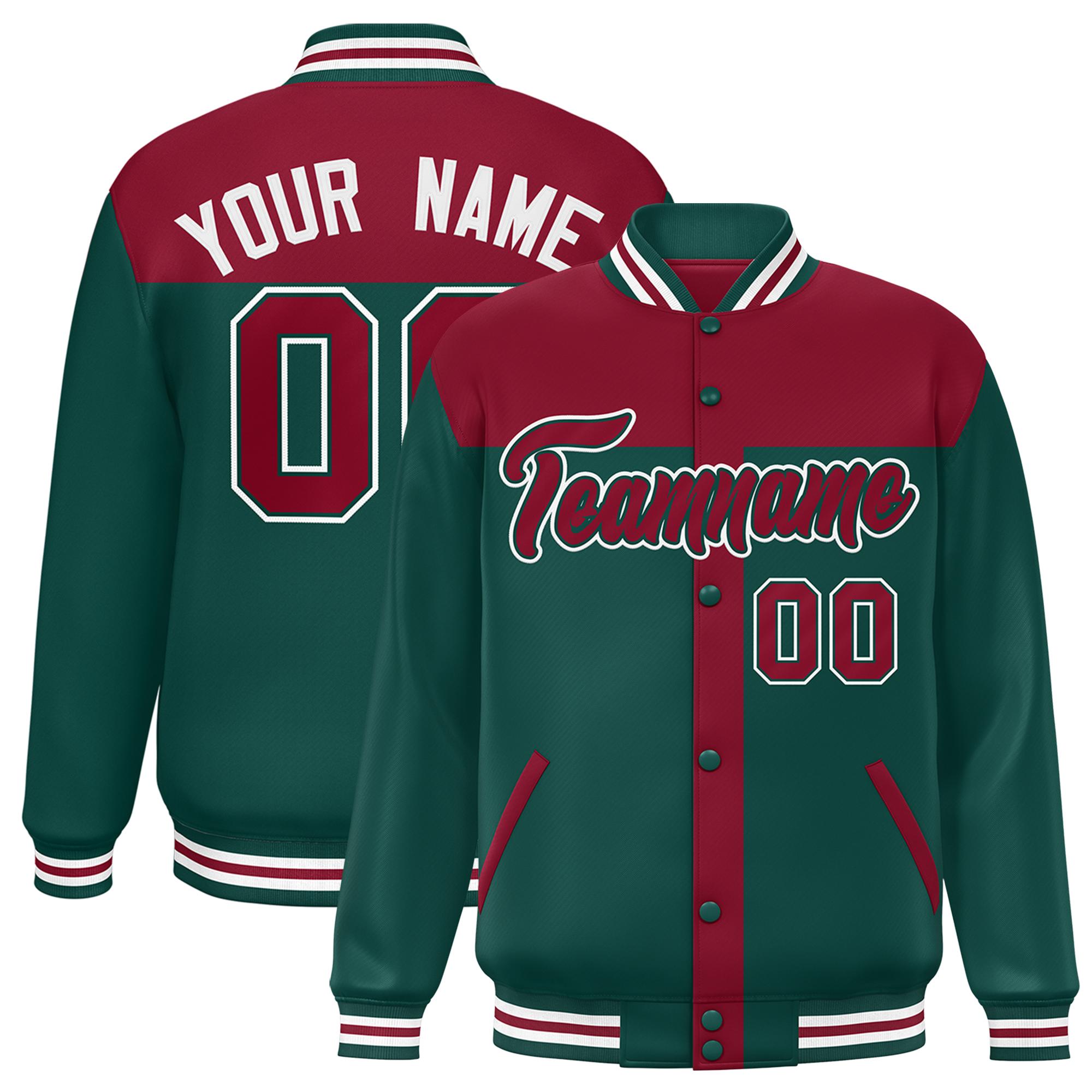 Custom Crimson Midnight Green Color Block Bomber Varsity Baseball Jacket