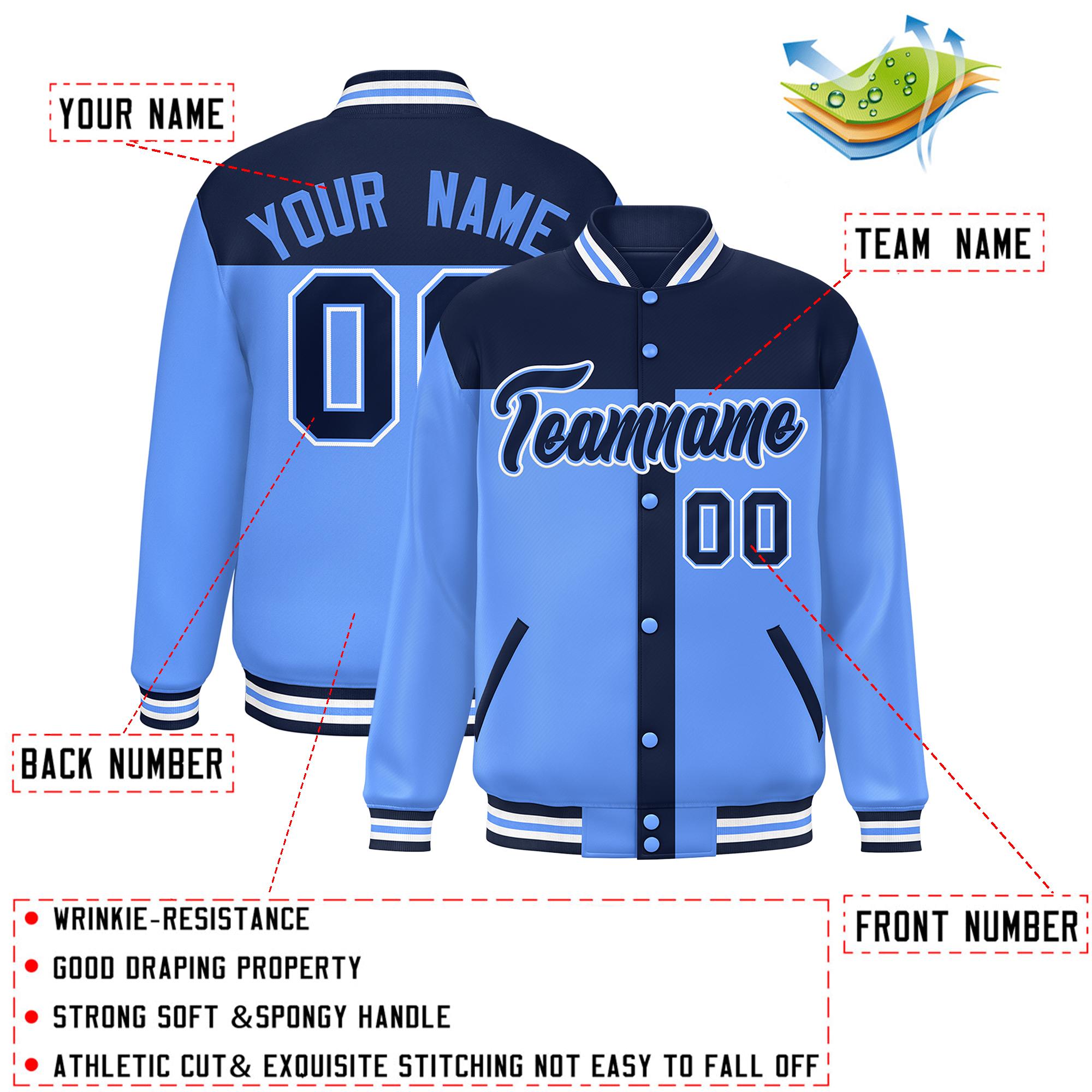 Custom Navy Powder Blue Color Block Bomber Varsity Baseball Jacket