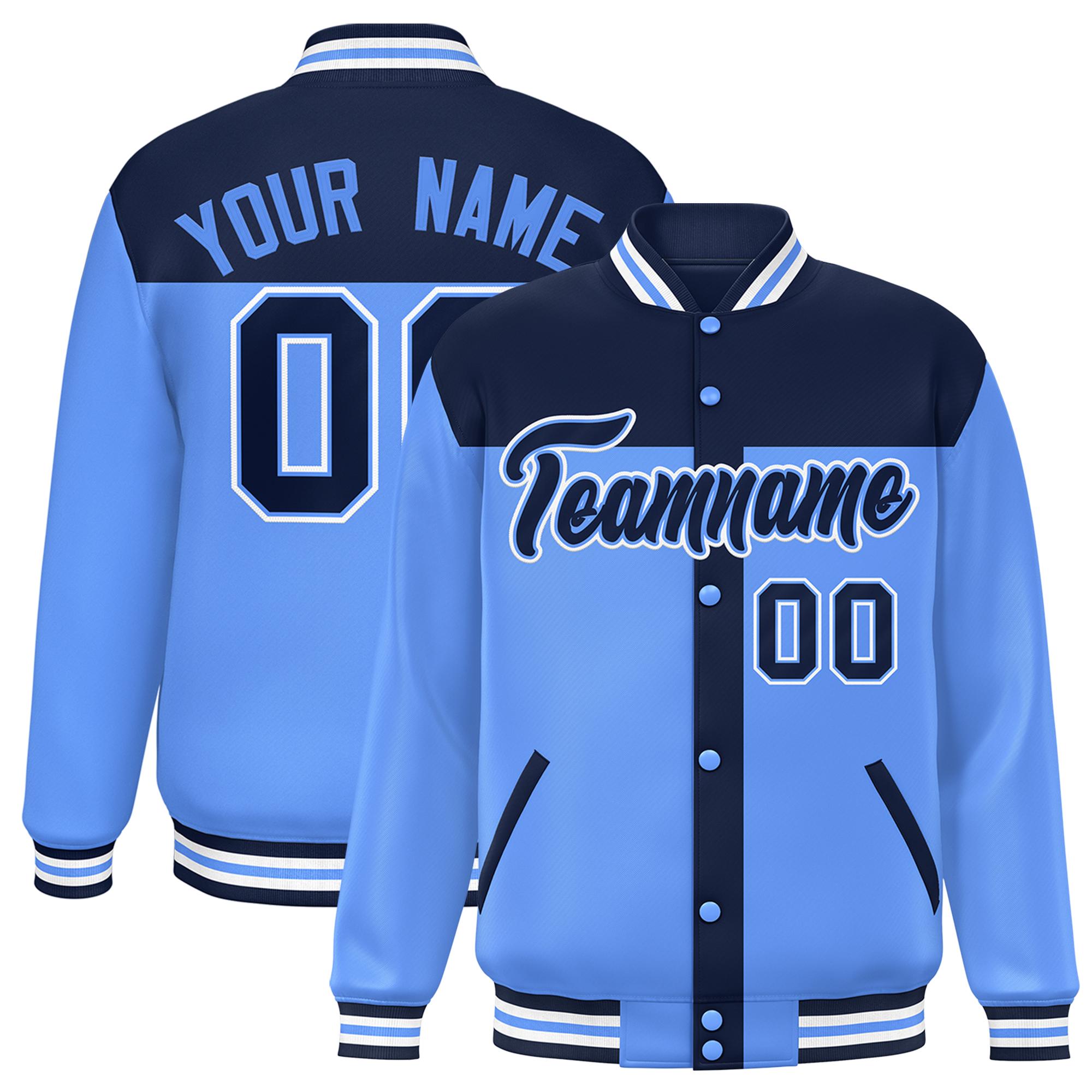 Custom Navy Powder Blue Color Block Bomber Varsity Baseball Jacket