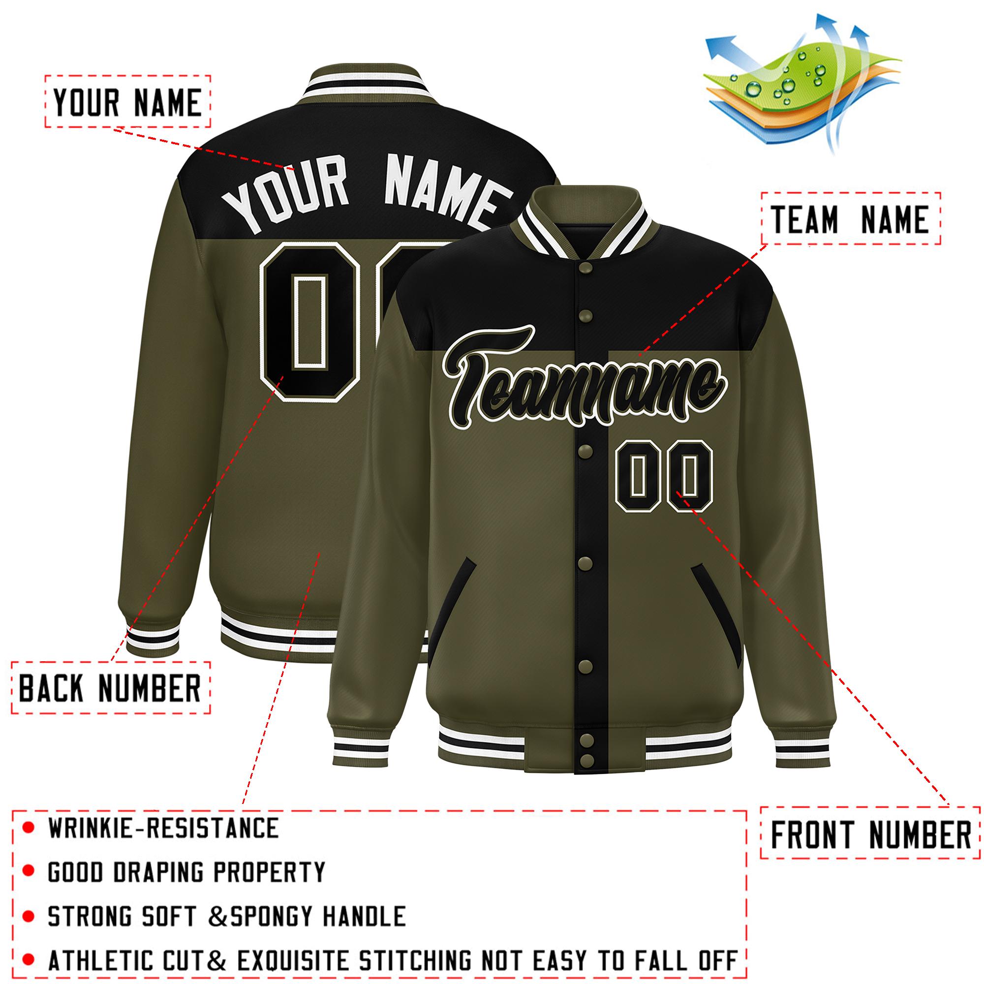 Custom Black Olive Color Block Bomber Varsity Baseball Jacket