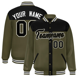 Custom Black Olive Color Block Bomber Varsity Baseball Jacket