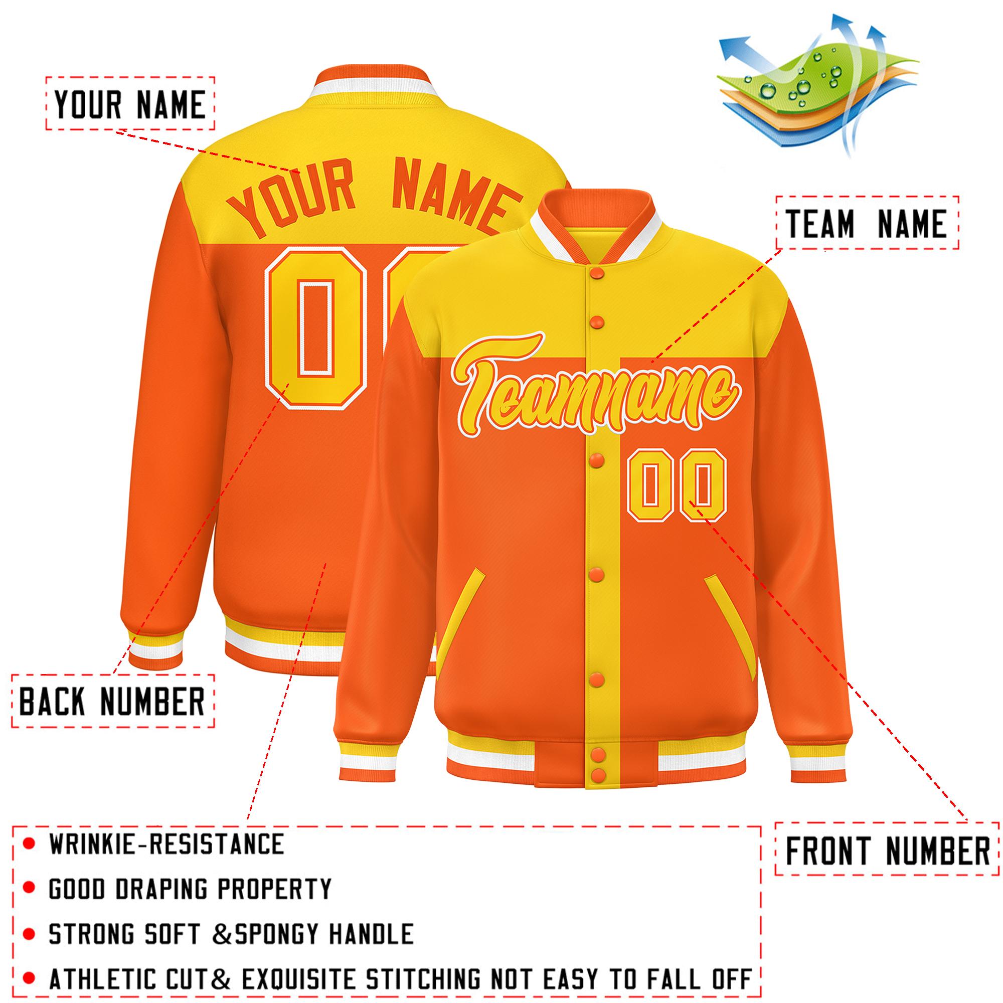 Custom Gold Orange Color Block Bomber Varsity Baseball Jacket