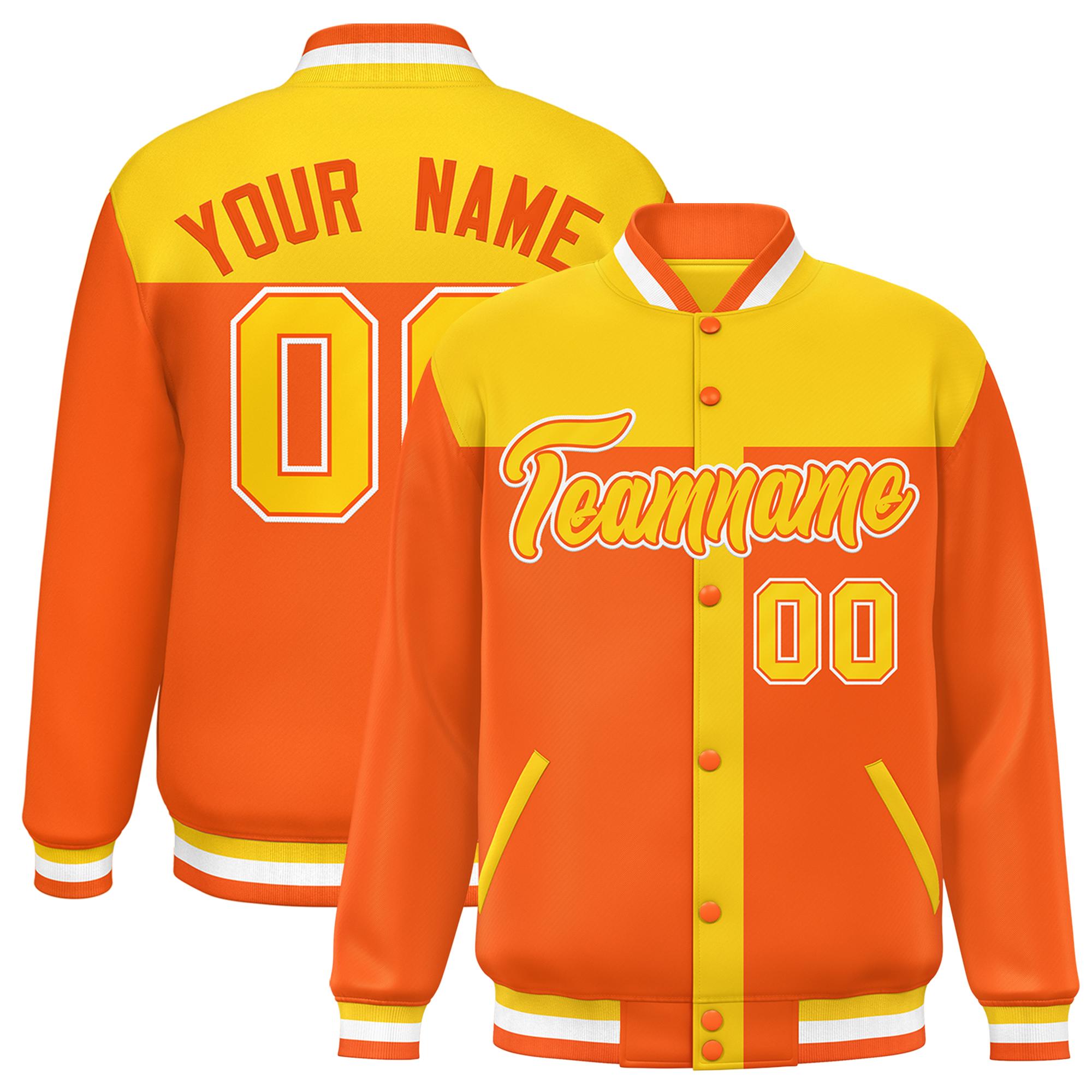 Custom Gold Orange Color Block Bomber Varsity Baseball Jacket