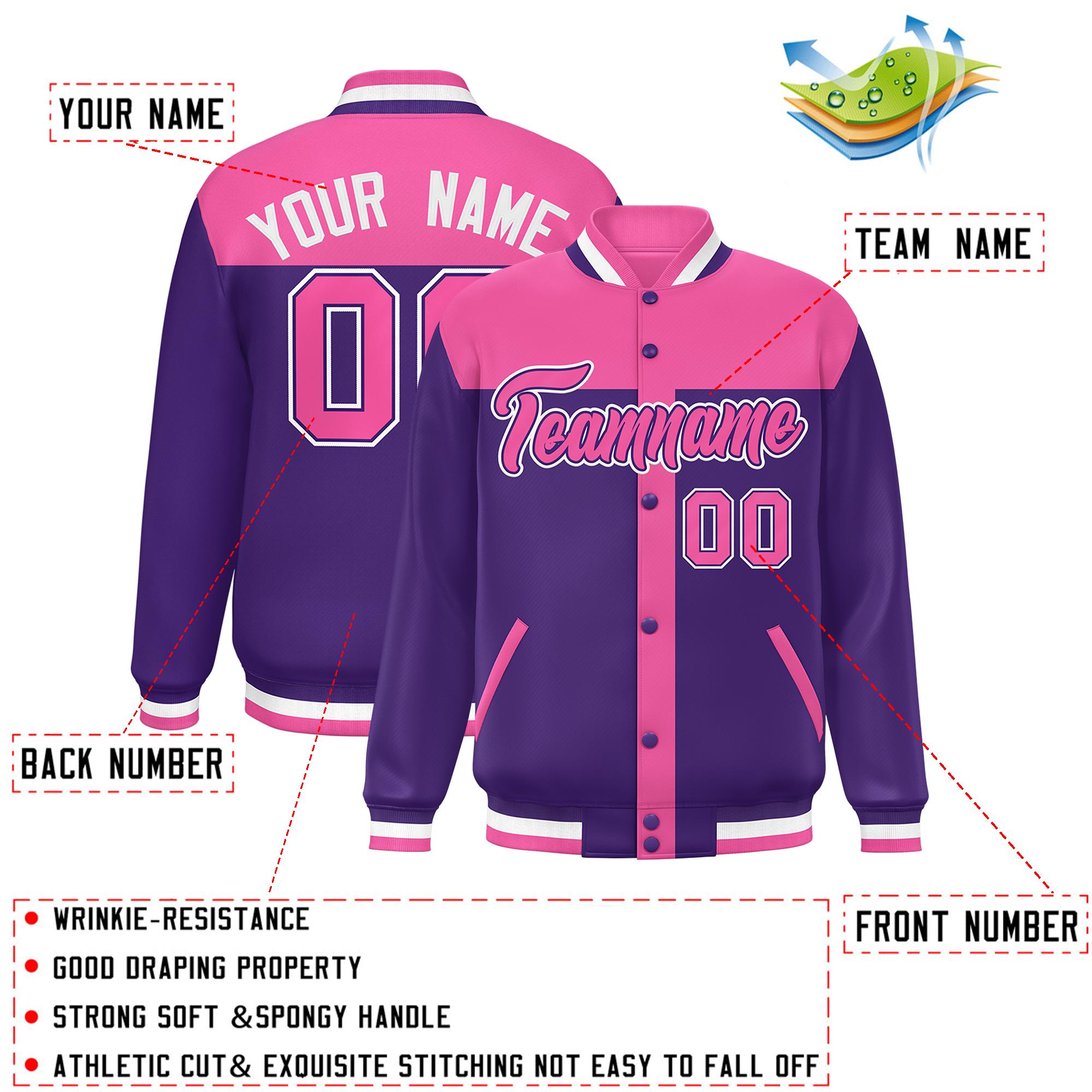 Custom Pink Purple Color Block Bomber Varsity Baseball Jacket