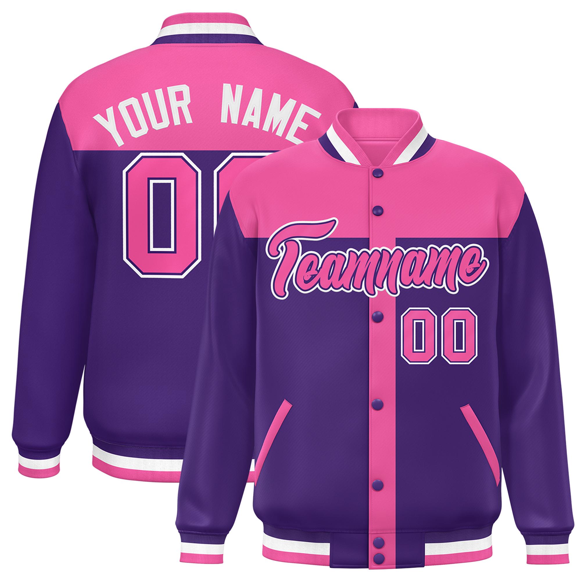 Custom Pink Purple Color Block Bomber Varsity Baseball Jacket