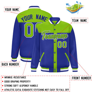 Custom Neon Green Royal Color Block Bomber Varsity Baseball Jacket