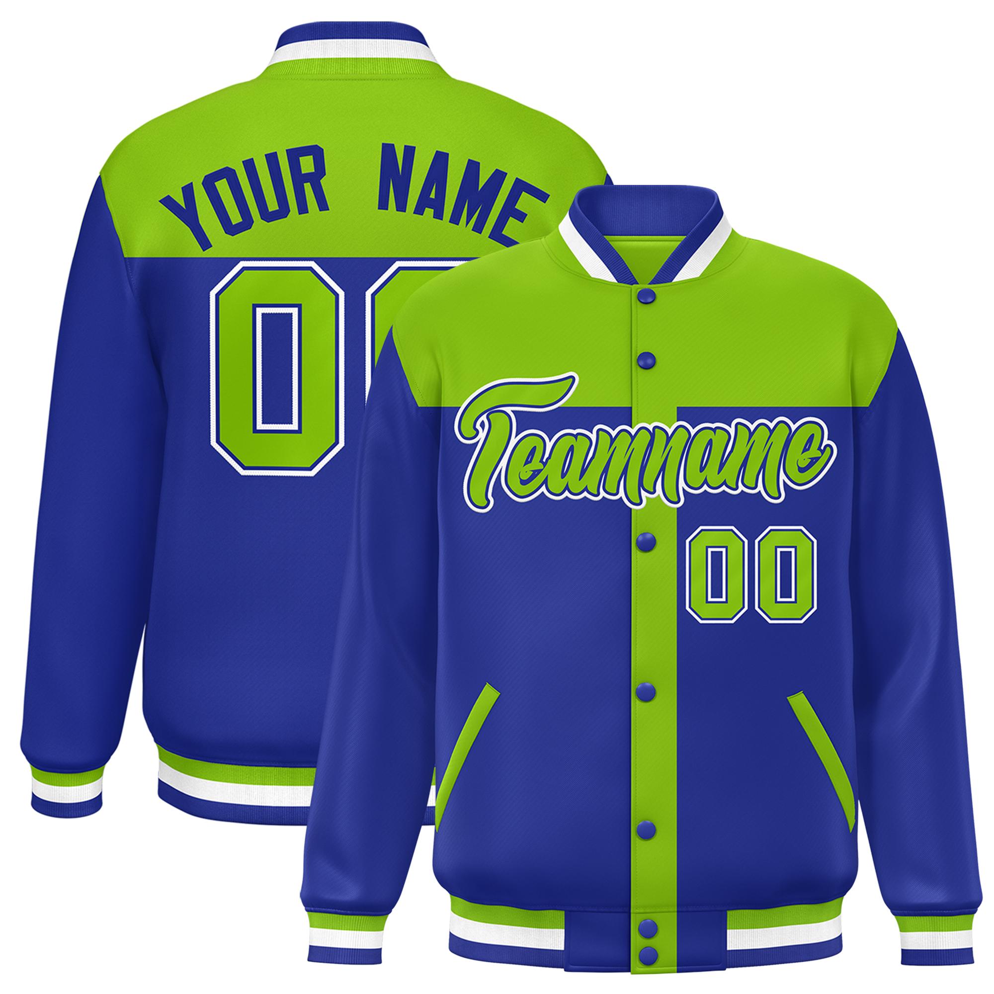 Custom Neon Green Royal Color Block Bomber Varsity Baseball Jacket