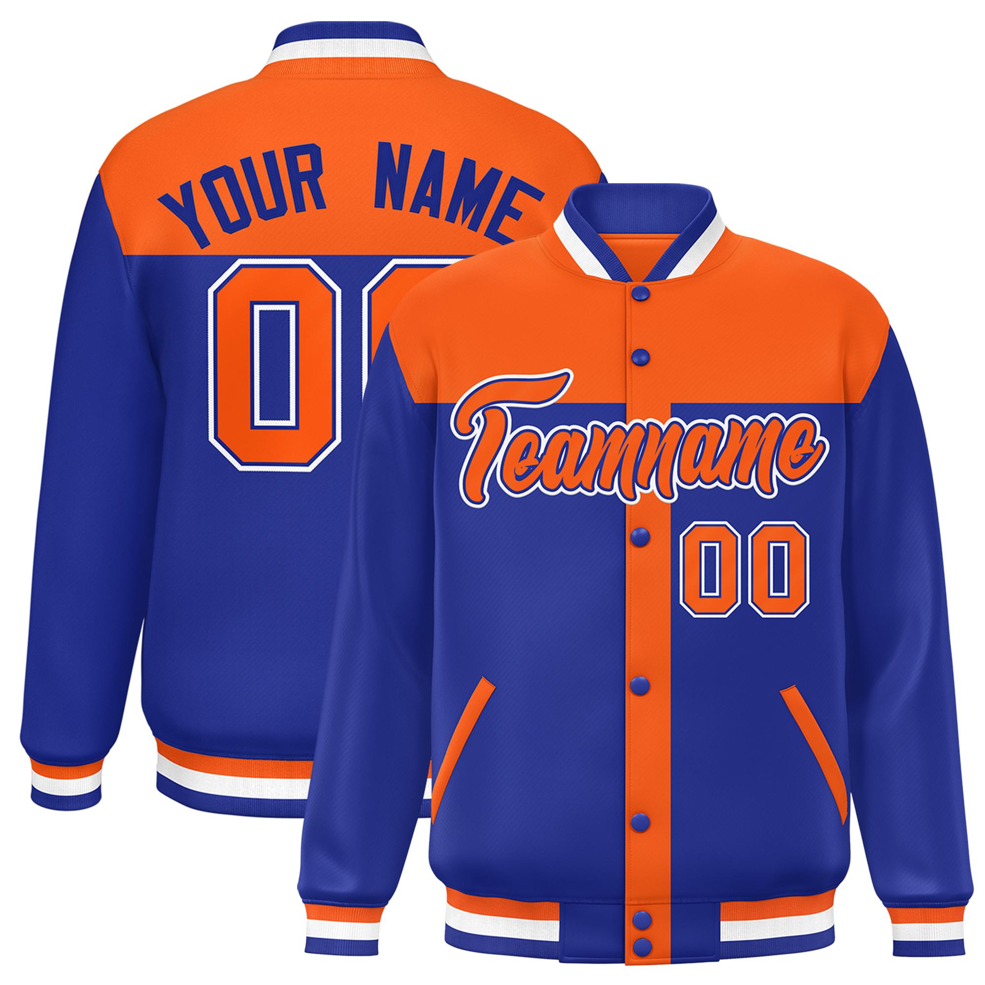 Custom Orange Royal Color Block Bomber Varsity Baseball Jacket