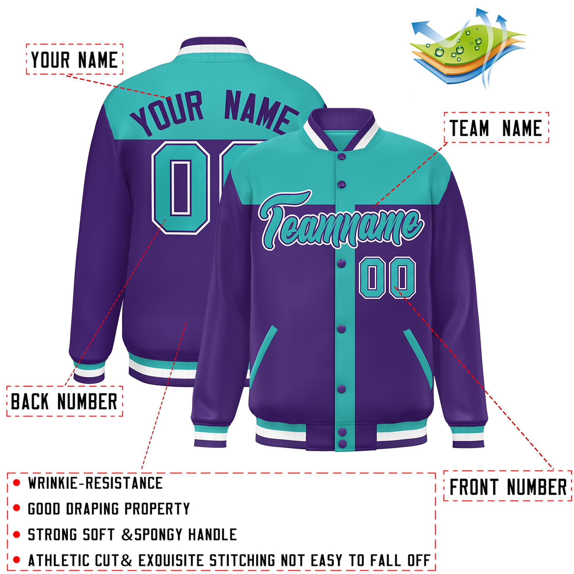 Custom Aqua Purple Color Block Bomber Varsity Baseball Jacket