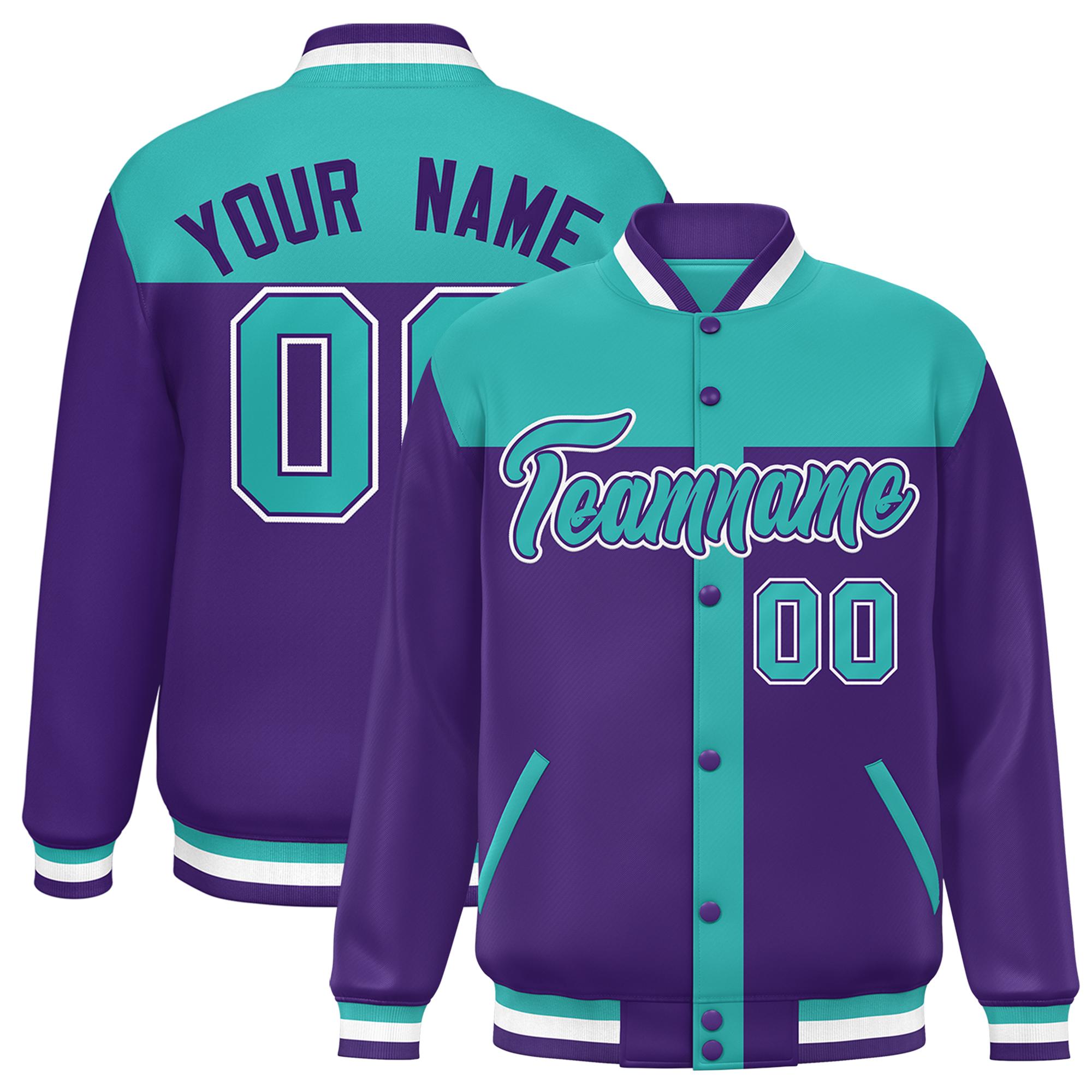 Custom Aqua Purple Color Block Bomber Varsity Baseball Jacket