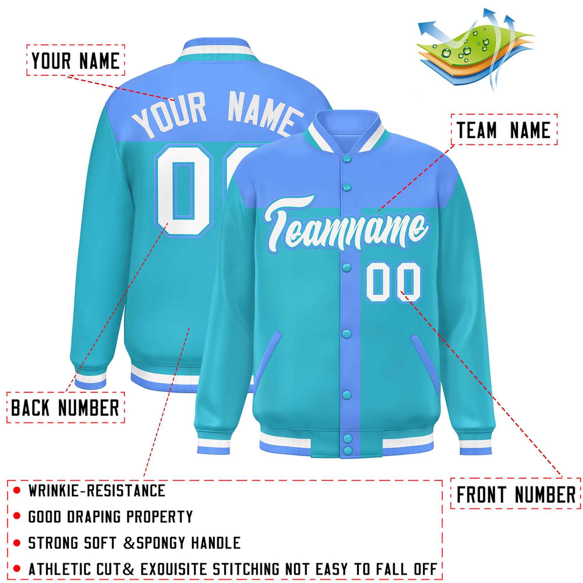 Custom Powder Blue Sky Blue Color Block Bomber Varsity Baseball Jacket