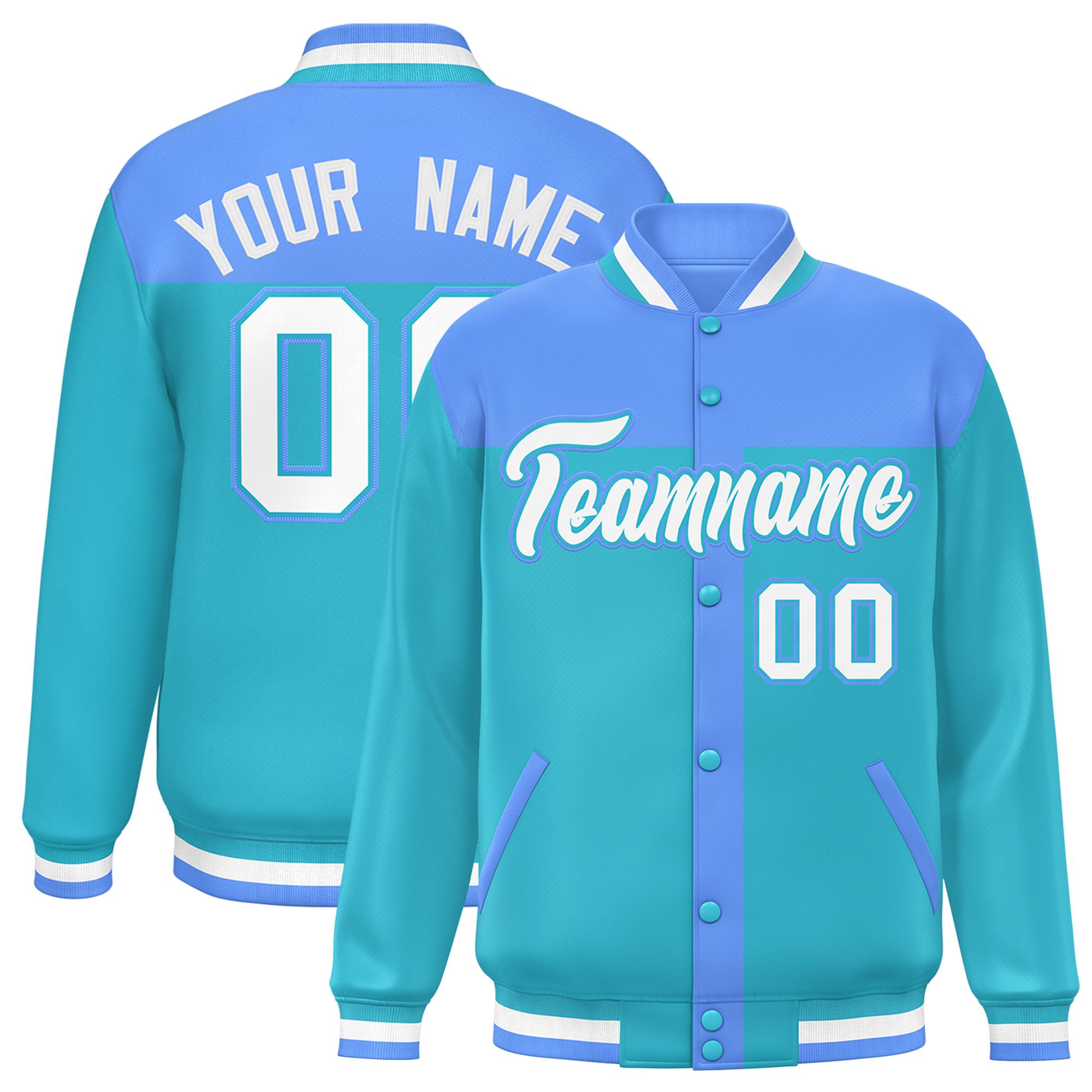 Custom Powder Blue Sky Blue Color Block Bomber Varsity Baseball Jacket