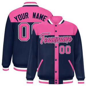 Custom Pink Navy Color Block Bomber Varsity Baseball Jacket