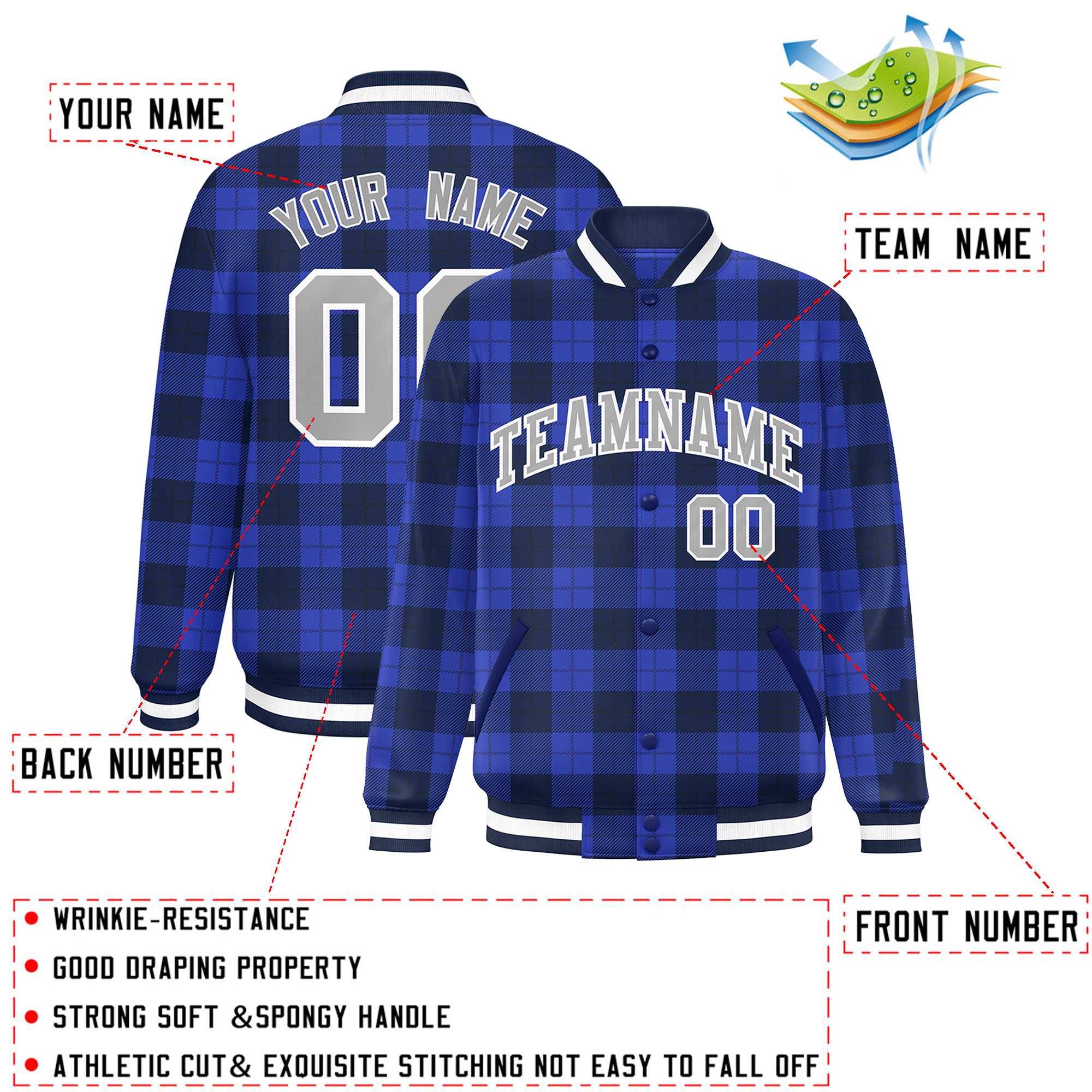 Custom Royal Navy Varsity Full-Snap Plaid Pattern Letterman Baseball Jacket