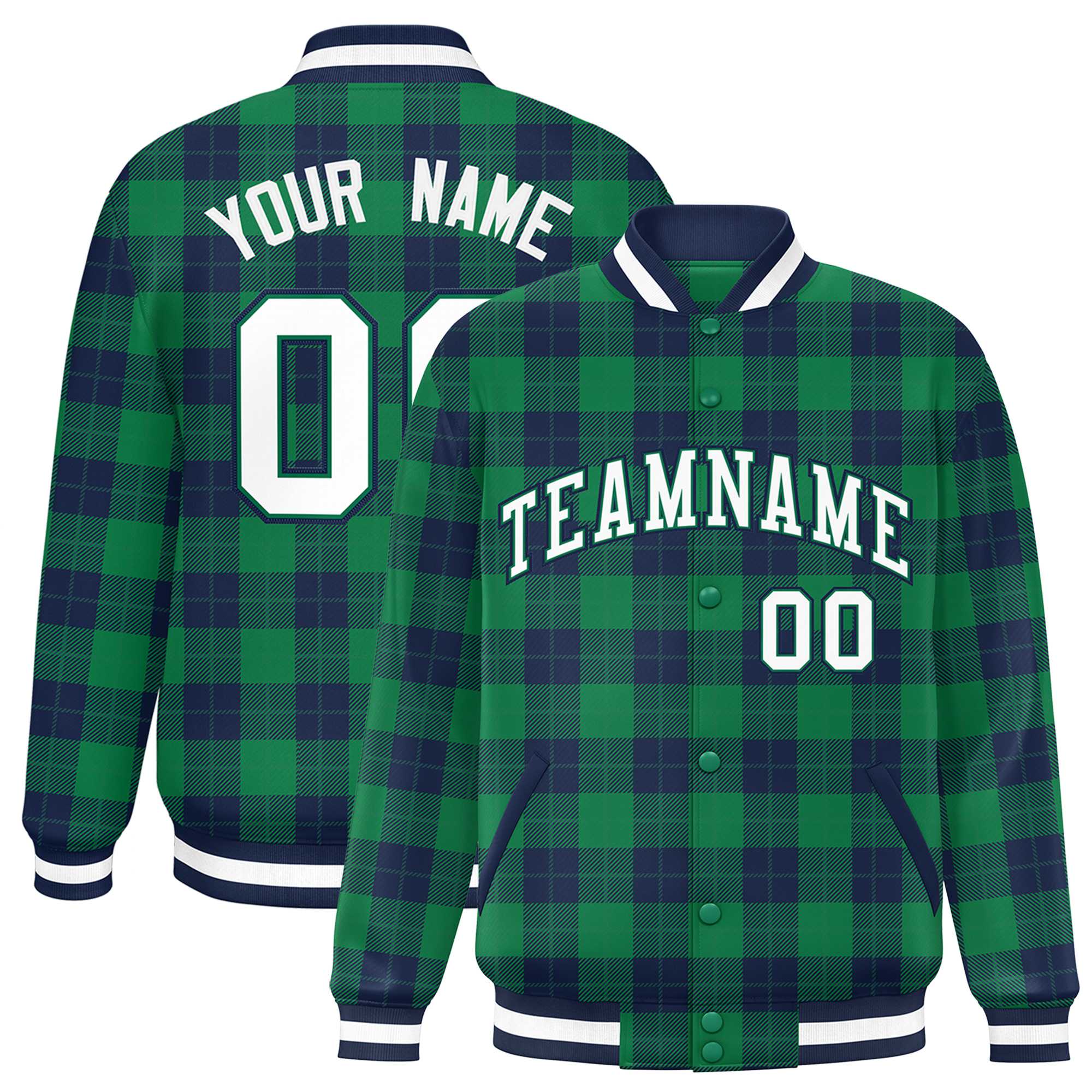 Custom Green Navy Varsity Full-Snap Plaid Pattern Letterman Baseball Jacket