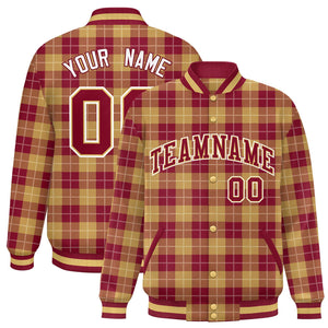 Custom Khaki Red Varsity Full-Snap Plaid Pattern Letterman Baseball Jacket