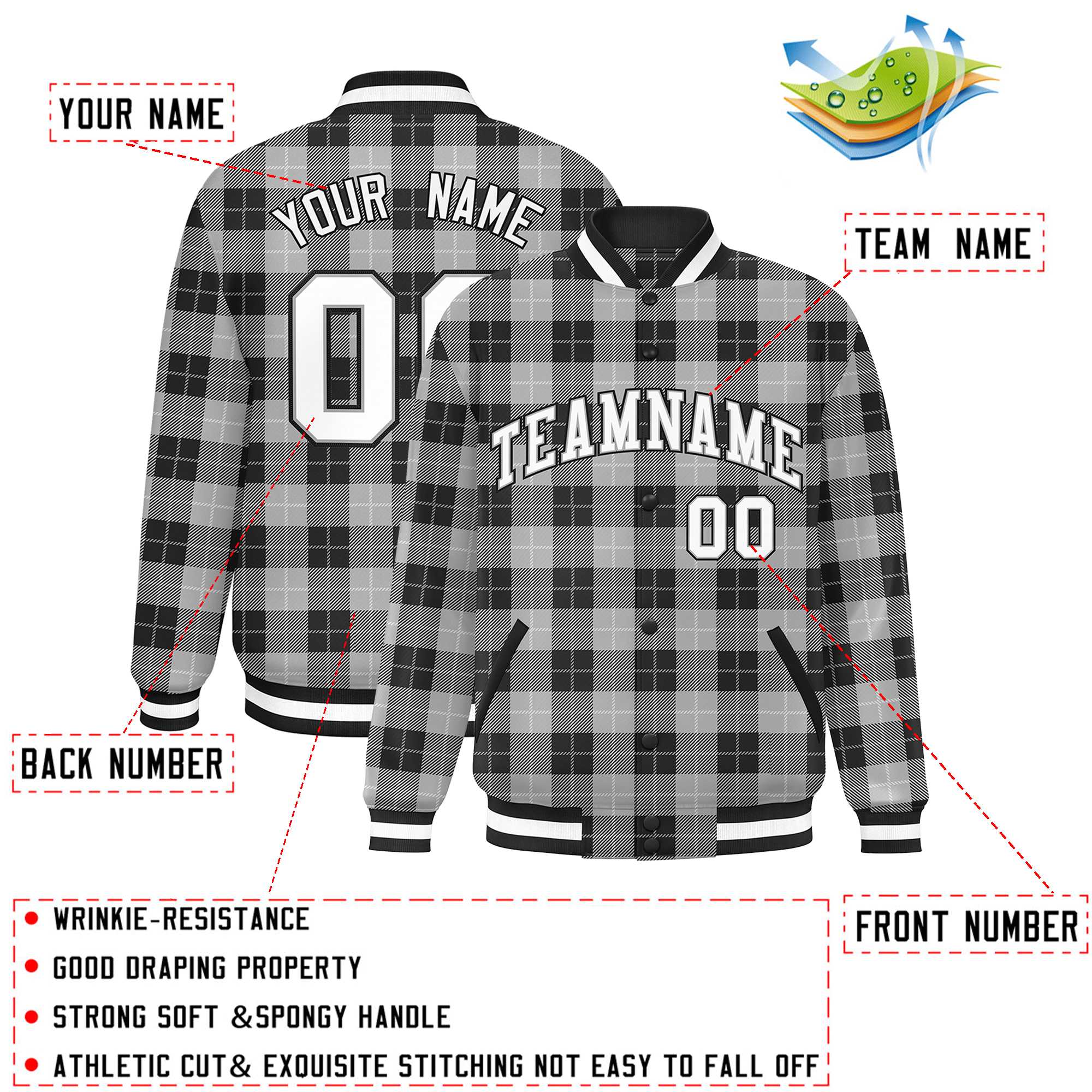 Custom Gray Black Varsity Full-Snap Plaid Pattern Letterman Baseball Jacket